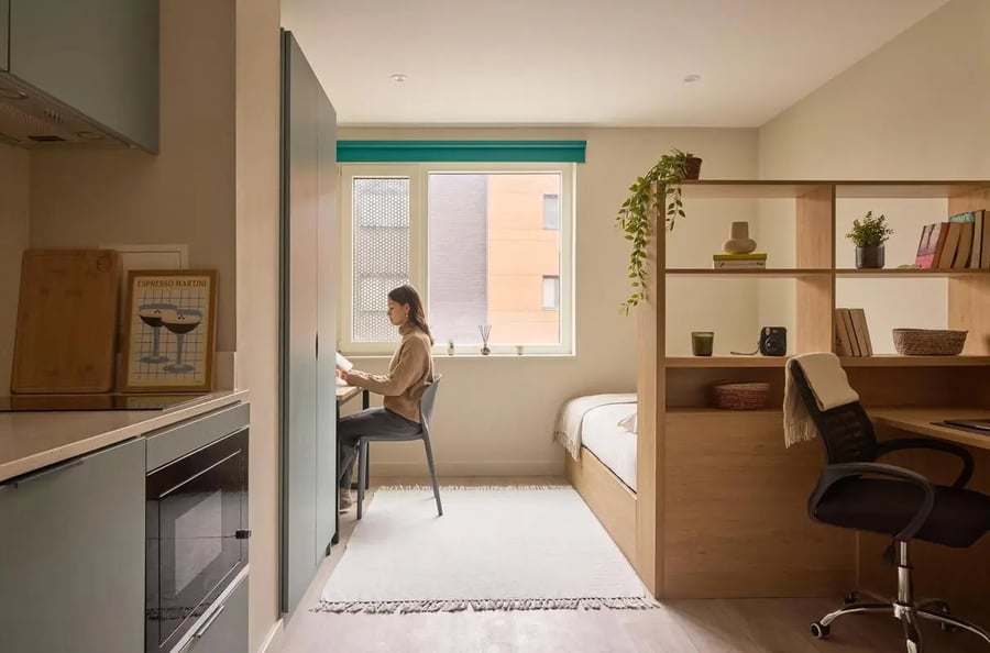 Desk bed shelving plant white rug bedroom study area at Ark Canning Town in London Student Accommodation
