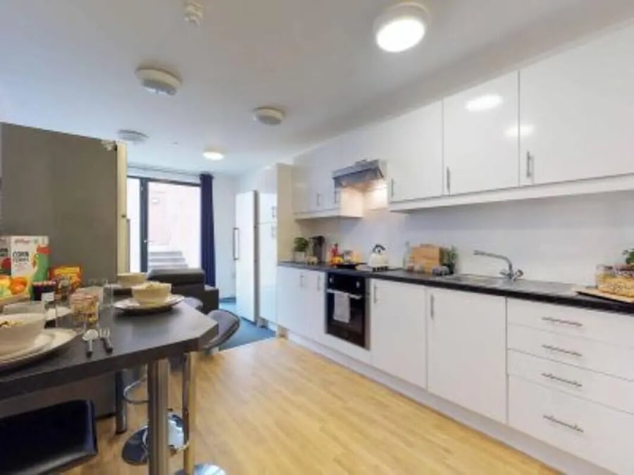 Modern kitchen with breakfast bar and appliances kitchen at Haymarket Edinburgh in Edinburgh Student Accommodation