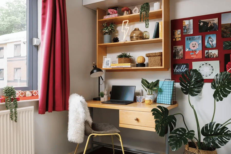 Desk with laptop plants and chair study area at Clarence Dock Village in Leeds Student Accommodation