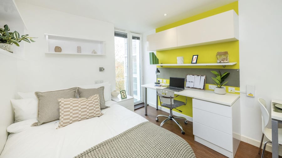 Bed study desk and drawers Bedroom at Griffon Studios in London Student Accommodation