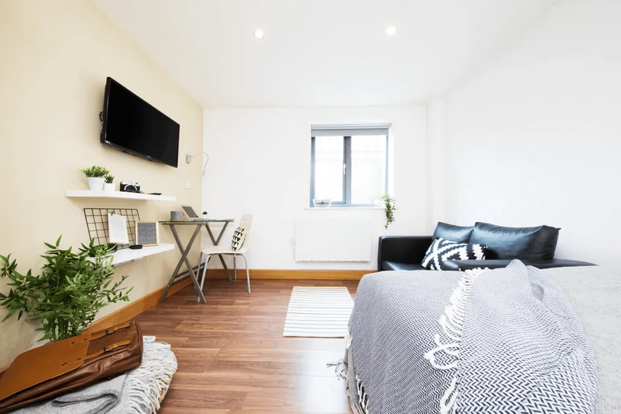 Desk plants couch and bed living room at Grange Lane Apartments in Leicester Student Accommodation