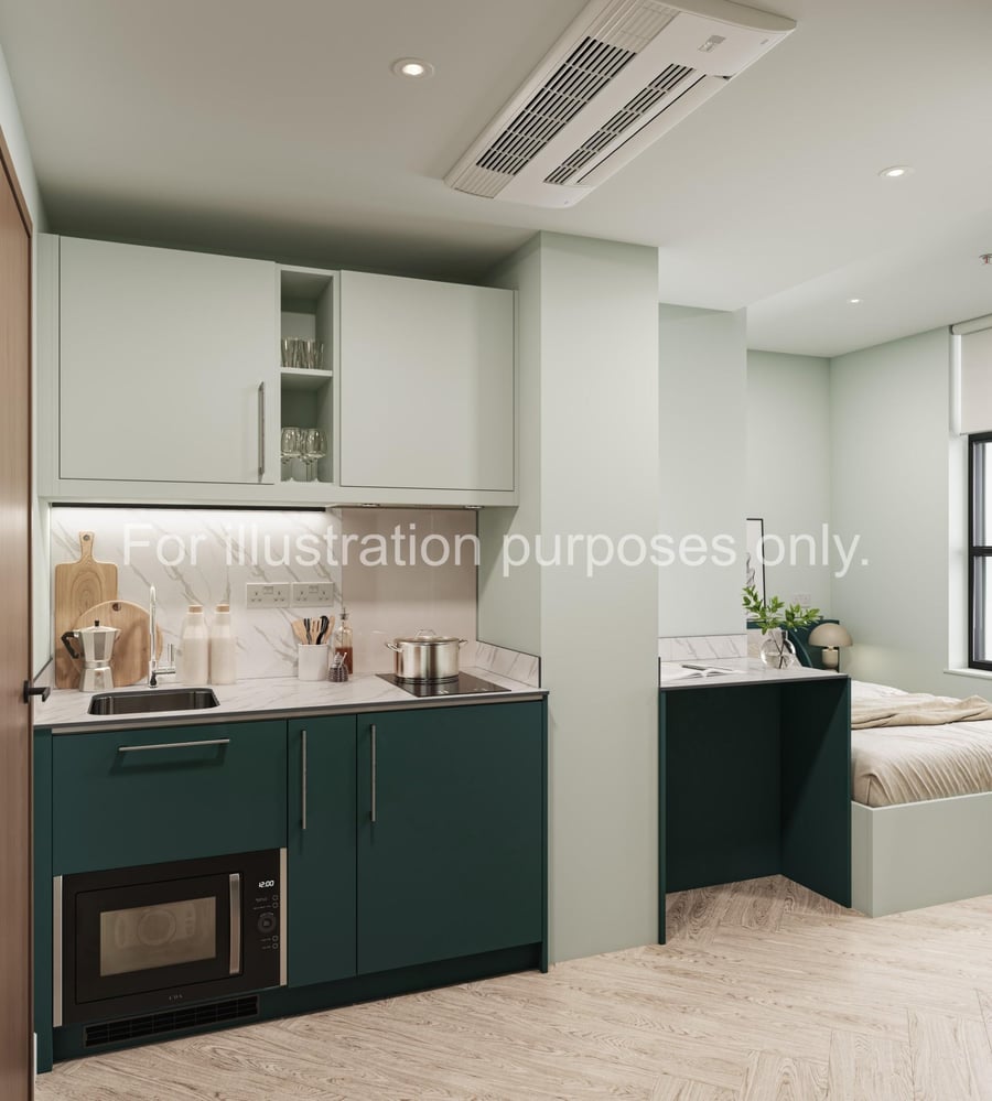 Modern kitchenette with bed and desk studio. at Willen House in London Student Accommodation