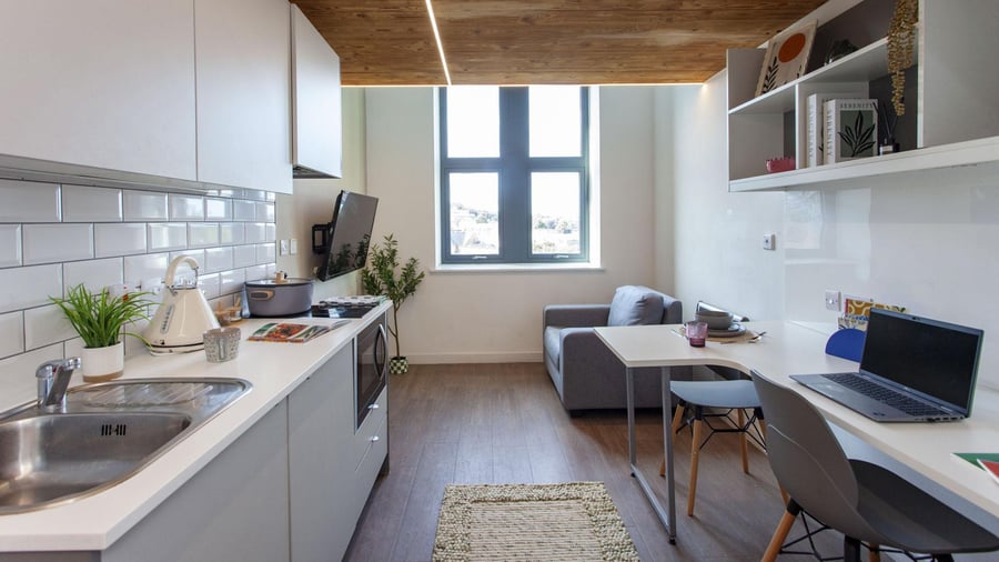 Kitchenette with sofa and study desk Kitchen living room at Gillows in Lancaster Student Accommodation