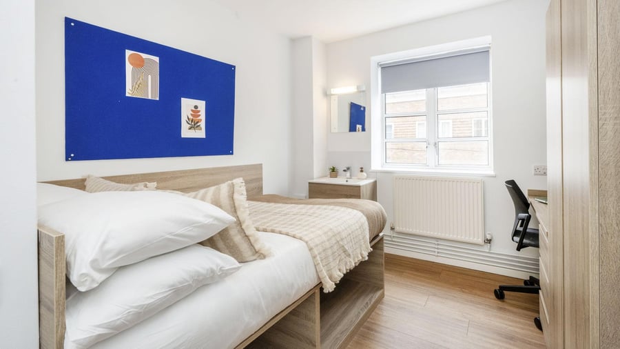 Bed sink desk and wardrobe bedroom at St Andrews Gardens - Liverpool in Liverpool Student Accommodation