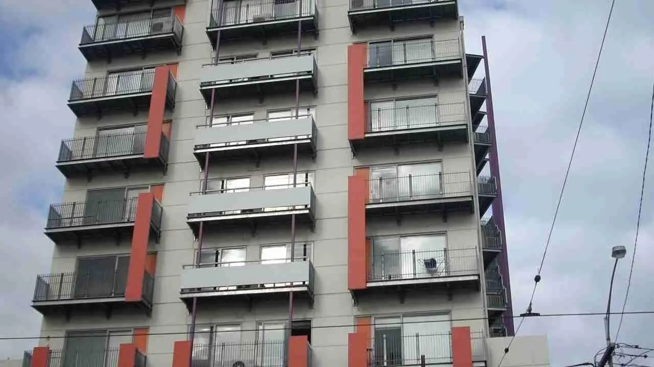 Balconies on modern apartment building exterior at Student Living - 570 Swanston in Melbourne Student Accommodation