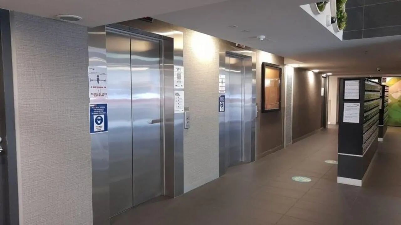 Elevator lobby with mailboxes and elevators hallway at Student Living on Villiers in Melbourne Student Accommodation
