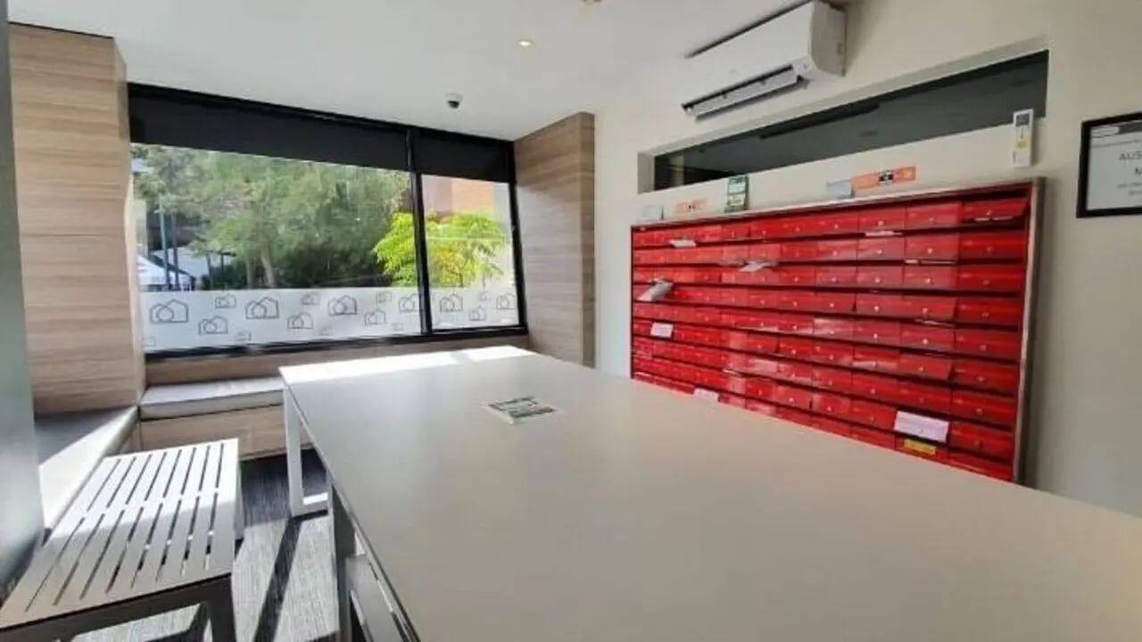 Mailboxes table and bench communal area at Student Living On Campus in Melbourne Student Accommodation