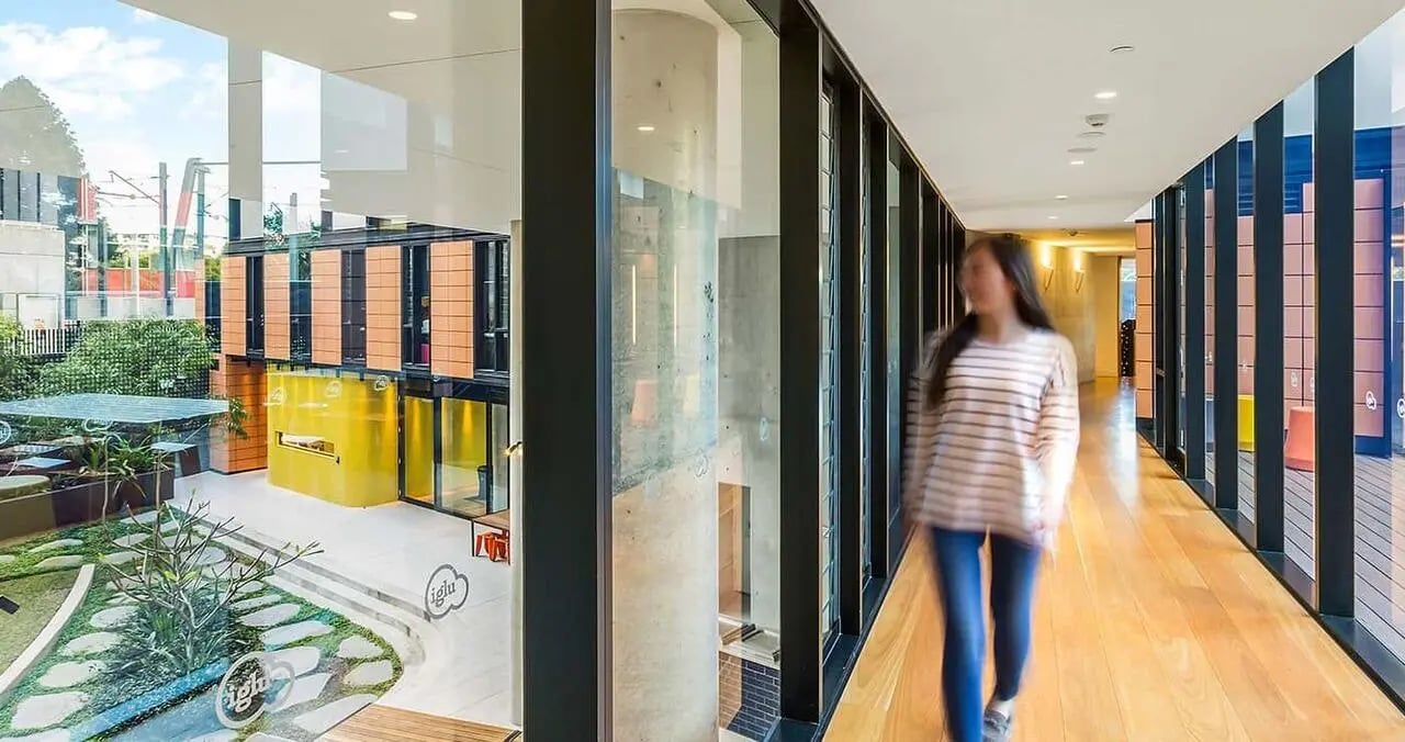 Modern student accommodation building with courtyard exterior at Iglu Chatswood in Sydney Student Accommodation
