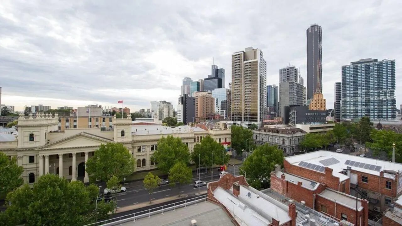 Cityscape with buildings and trees exterior at Student Living D2 in Melbourne Student Accommodation