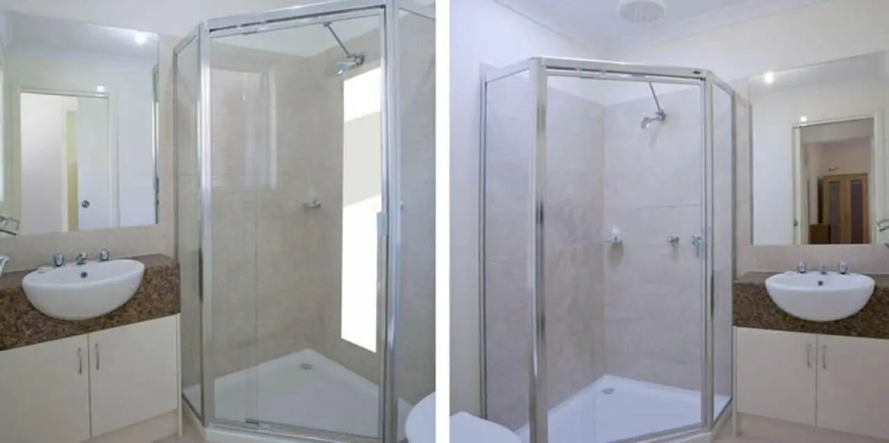 Sink vanity mirror and glass shower enclosure bathroom at Sunset House in Melbourne Student Accommodation