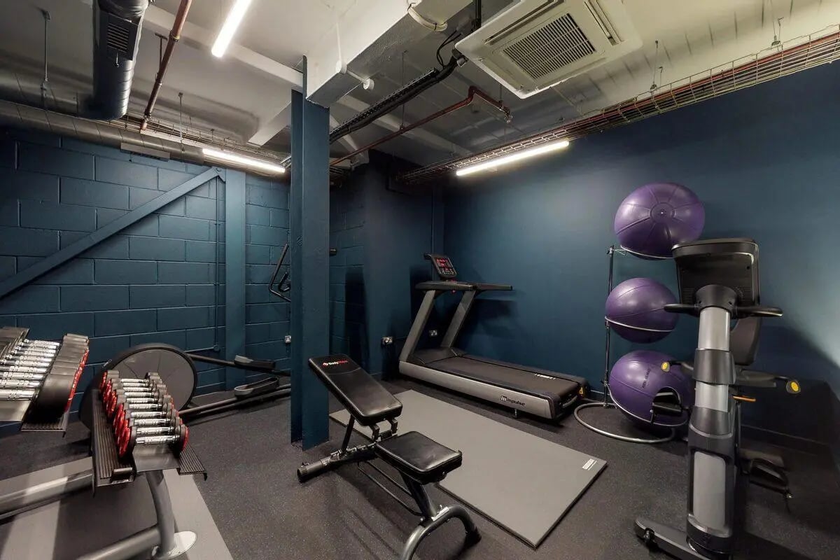 Weights treadmill bench and exercise balls gym at Haymarket Edinburgh in Edinburgh Student Accommodation