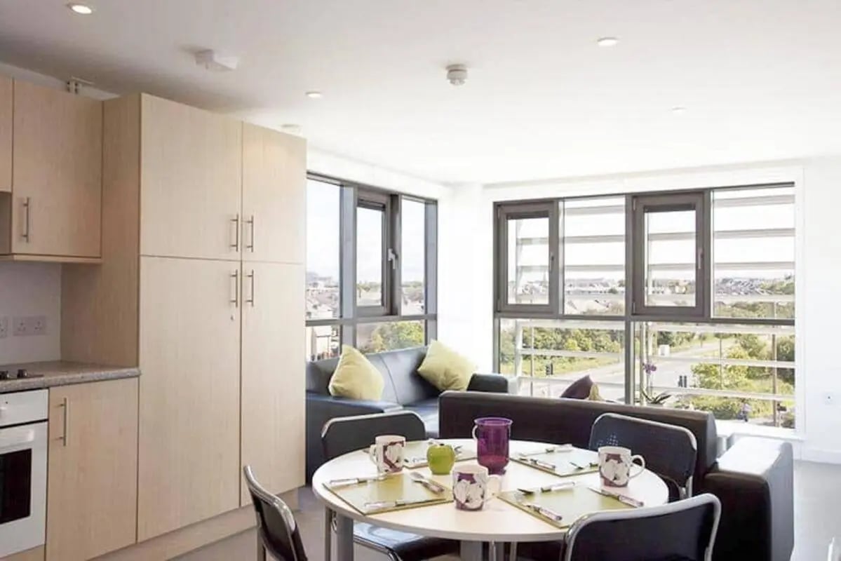 Kitchen with cabinets sofas and dining table living room at Edinburgh College Residences in Edinburgh Student Accommodation