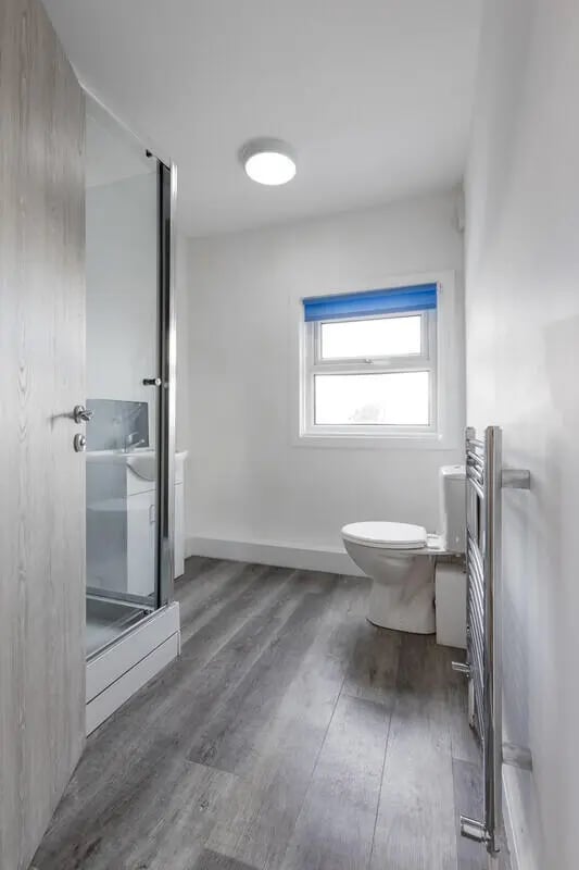 Shower toilet vanity sink heated towel rail bathroom at Hyde Park in Leeds Student Accommodation