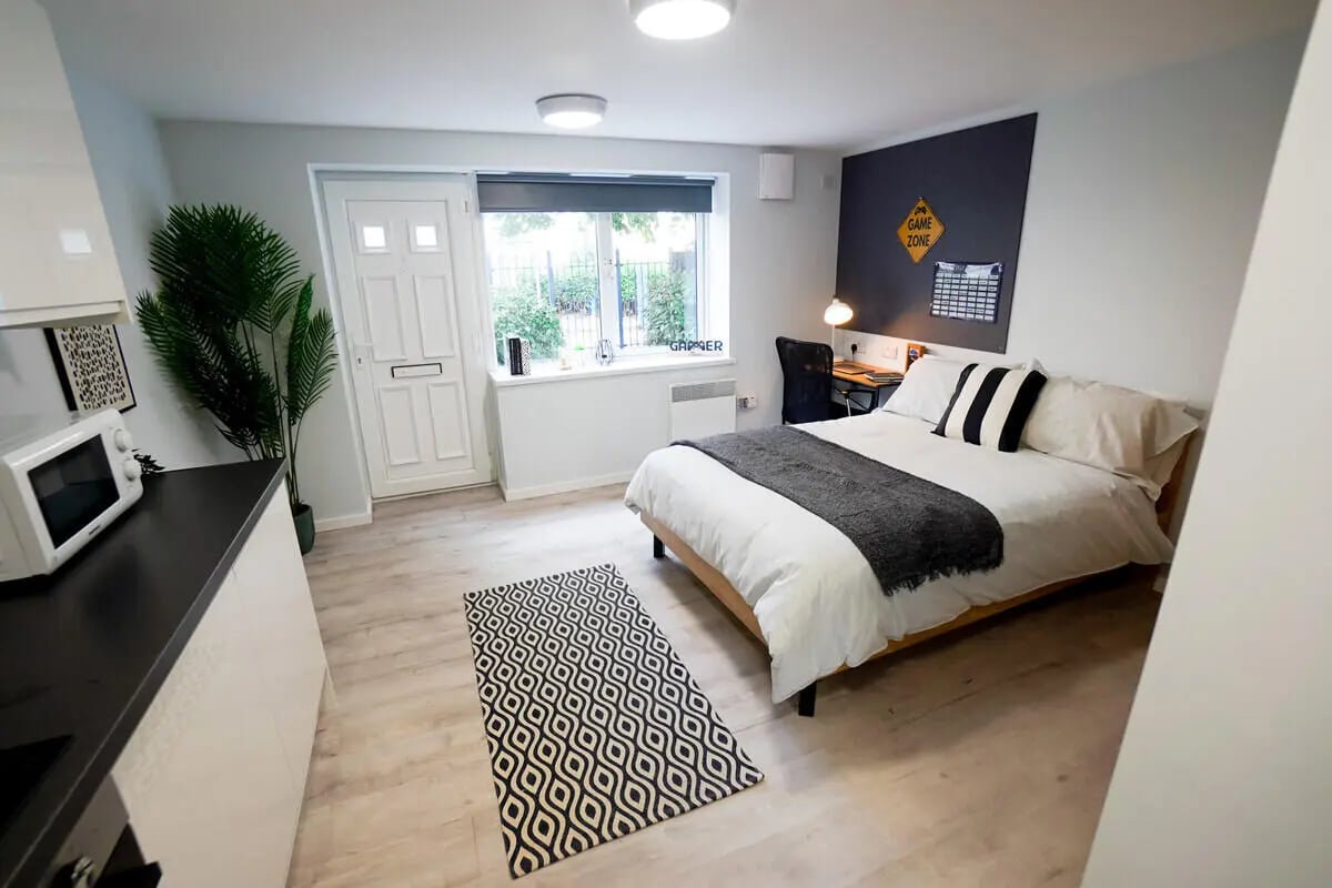 Bed desk rug plant and kitchen studio apartment at Madison Gardens in Nottingham Student Accommodation