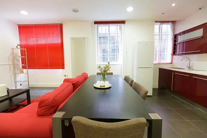 Red sofa dining table kitchen counters refrigerator living kitchen at AXO Oxford Circus in London Student Accommodation