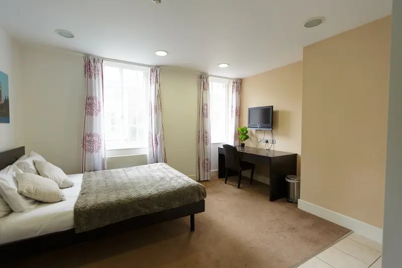 Bed desk TV and plant Bedroom at AXO Oxford Circus in London Student Accommodation