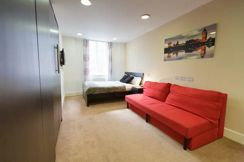 Bed sofa closet with painting living room at AXO Oxford Circus in London Student Accommodation