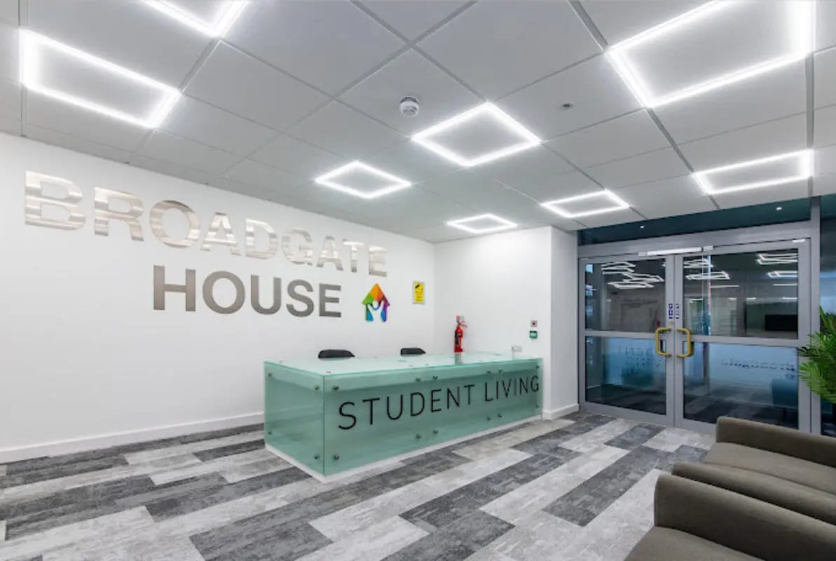 Reception desk with Broadgate House sign interior at Broadgate House Student Living in Nottingham Student Accommodation