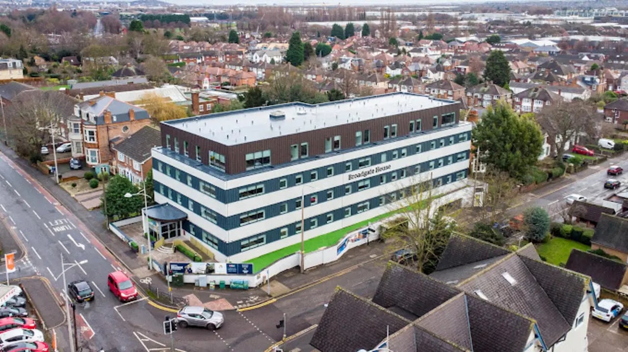 Broadgate House building with cars on road exterior at Broadgate House Student Living in Nottingham Student Accommodation