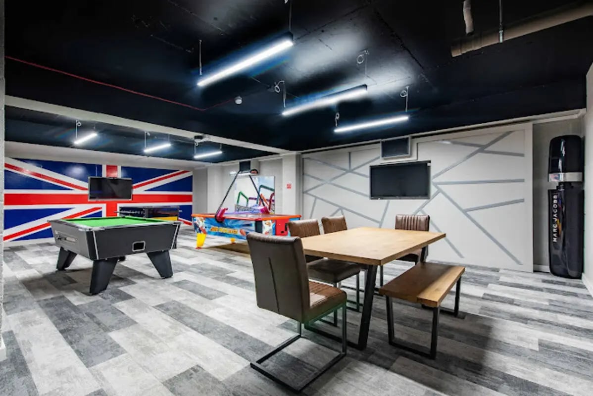 Pool table air hockey table dining area leisure room at Broadgate House Student Living in Nottingham Student Accommodation