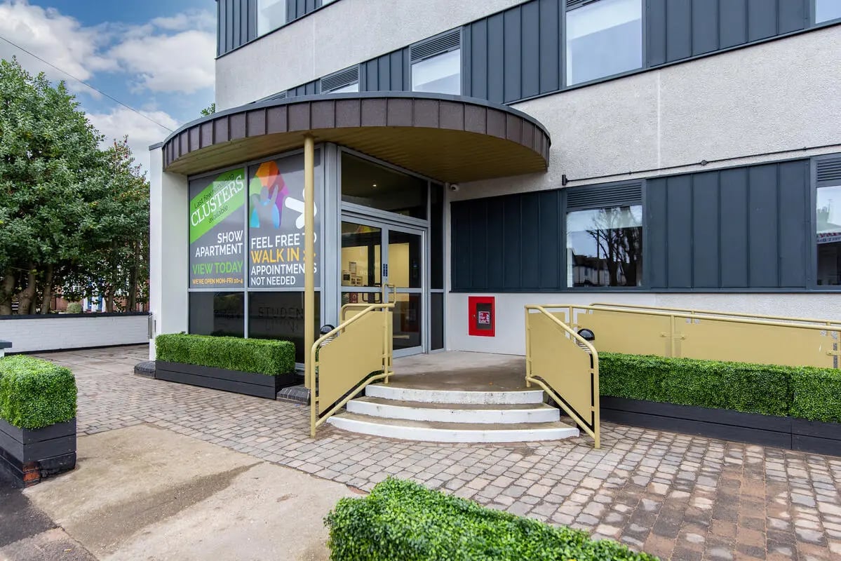 Entrance with glass doors stairs and signage exterior at Broadgate House Student Living in Nottingham Student Accommodation