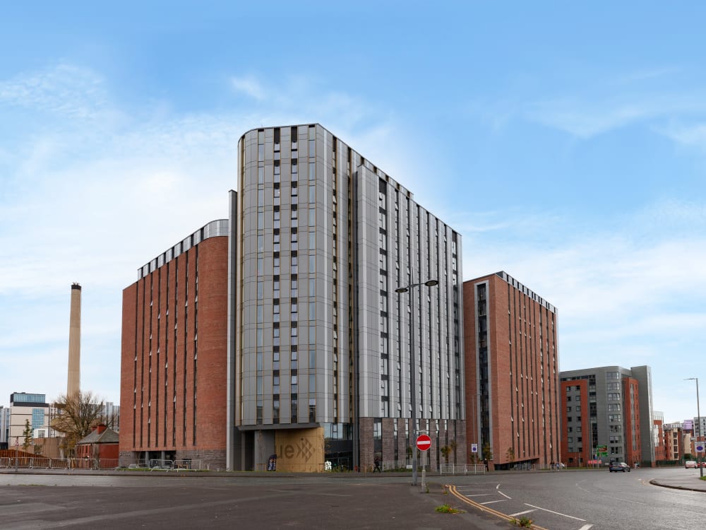 Modern student accommodation buildings exterior at True Liverpool in Liverpool Student Accommodation