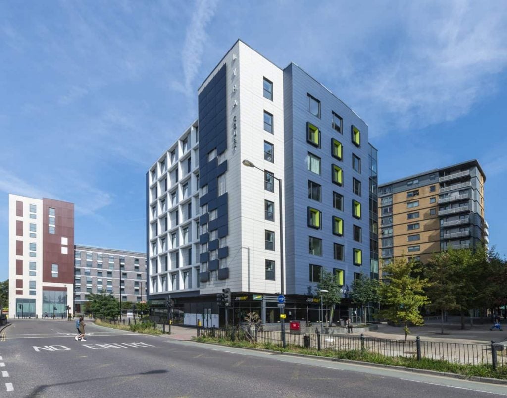Modern student accommodation buildings exterior view at The Lyra in London Student Accommodation