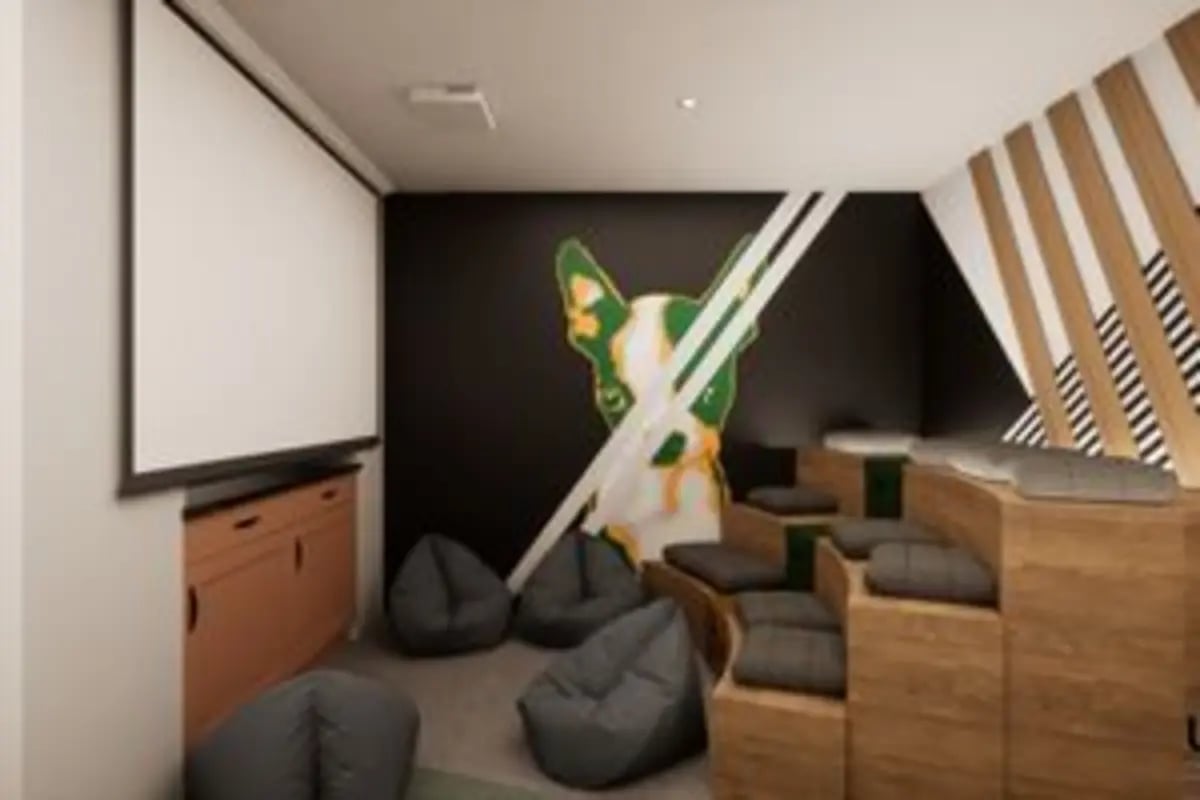 Projector screen beanbags tiered seating movie area at The Orchard in Leicester Student Accommodation