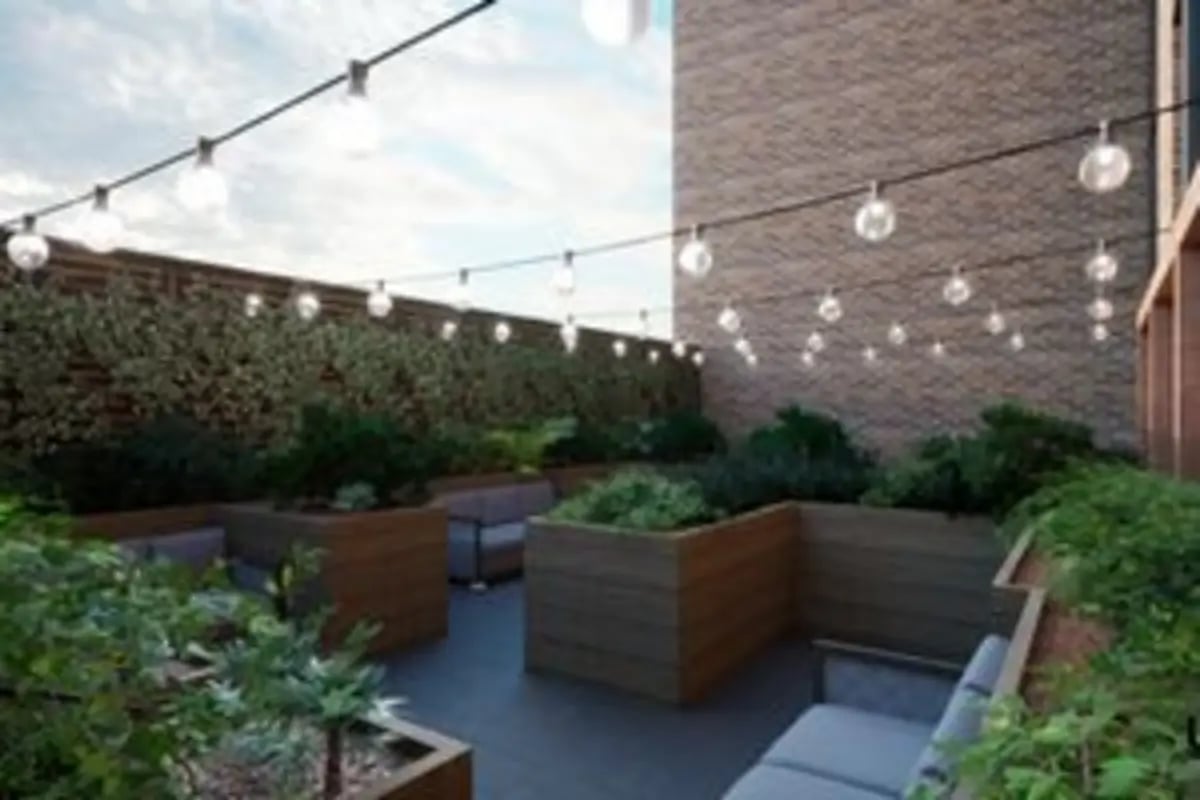Rooftop lounge with string lights and planters Outdoor living area at The Orchard in Leicester Student Accommodation