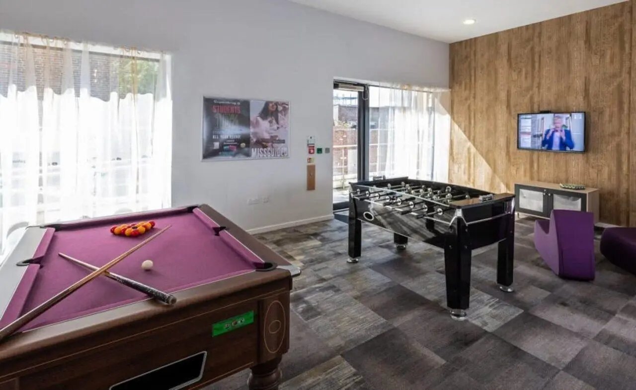 Pool table foosball table television lounge area at The Arch - Liverpool in Liverpool Student Accommodation