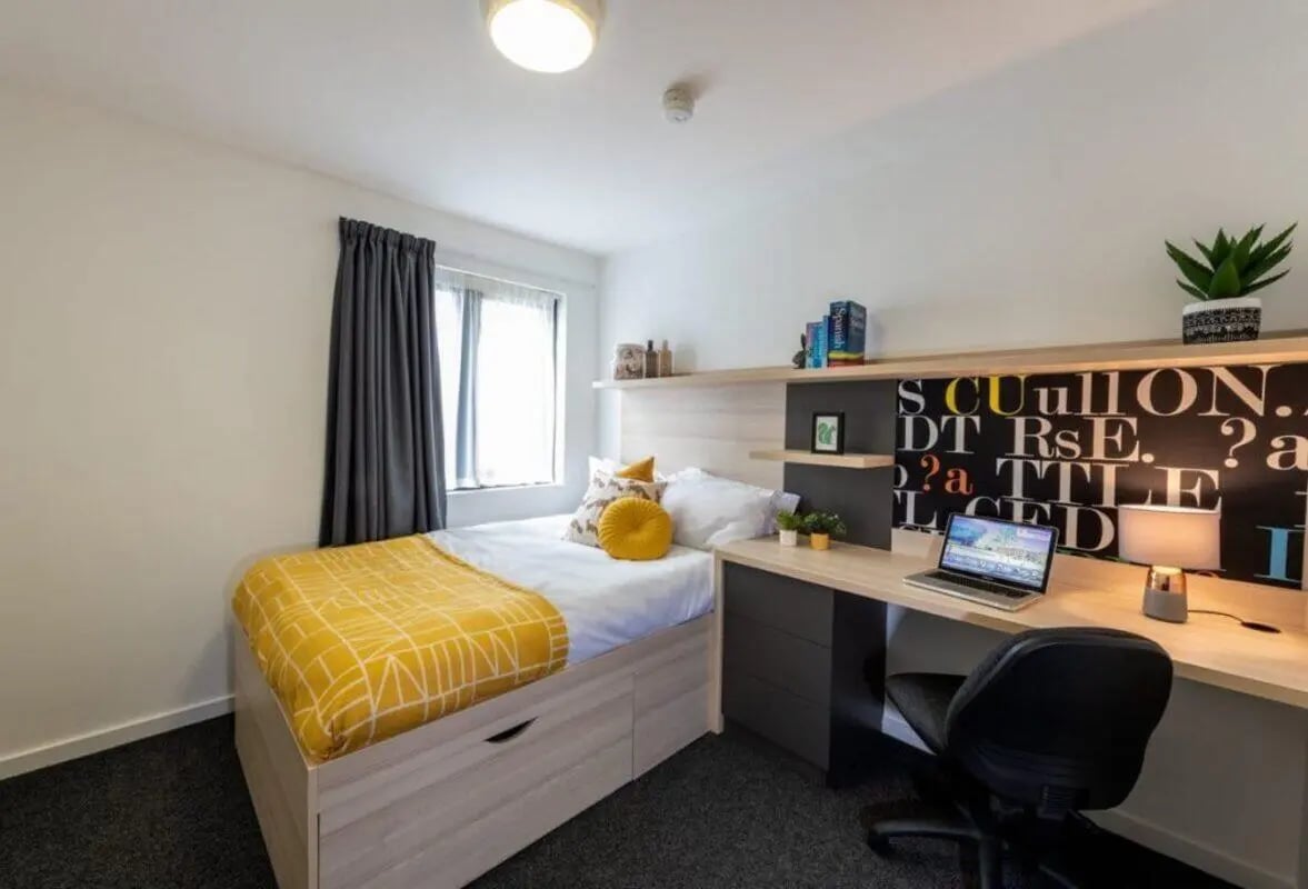 Bed desk and chair student bedroom at The Arch - Liverpool in Liverpool Student Accommodation