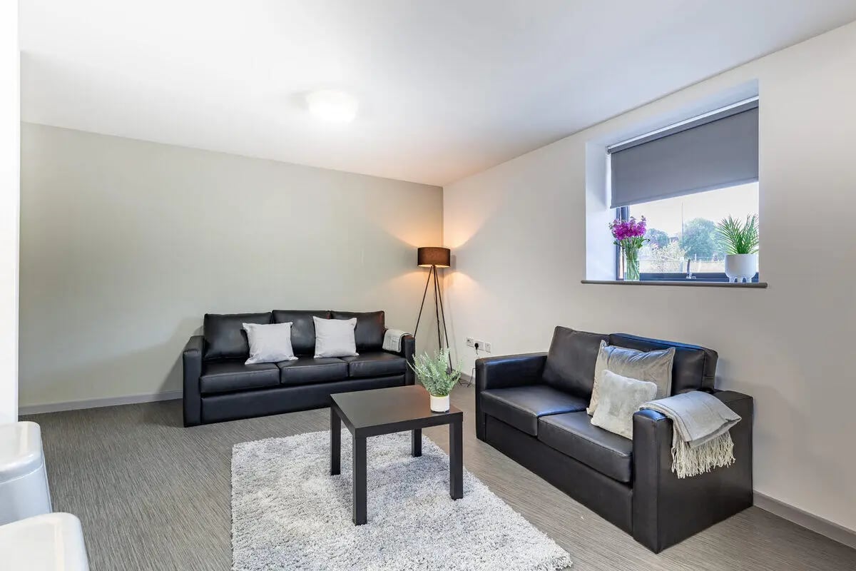 Two black sofas rug table floor lamp living room at Turner Court in Newcastle Upon Tyne Student Accommodation