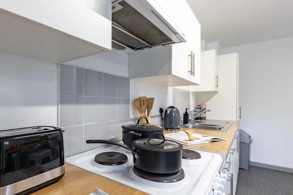 Pots toaster kettle and cabinets kitchen at Turner Court in Newcastle Upon Tyne Student Accommodation
