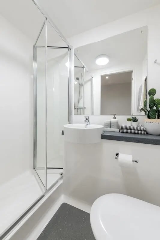 Shower sink toilet and mirror bathroom at The Bridge in Newcastle Upon Tyne Student Accommodation