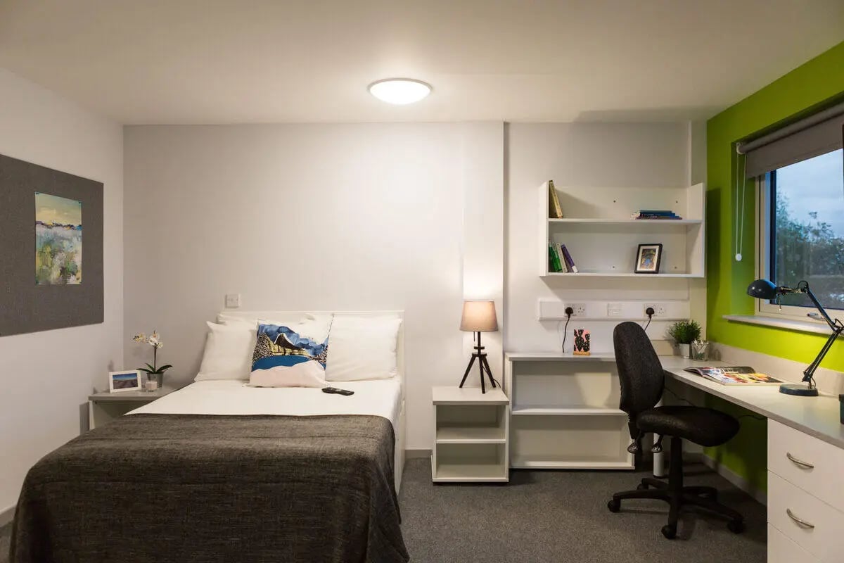 Bed desk with shelves and chair bedroom at Bryson Court in Newcastle Upon Tyne Student Accommodation