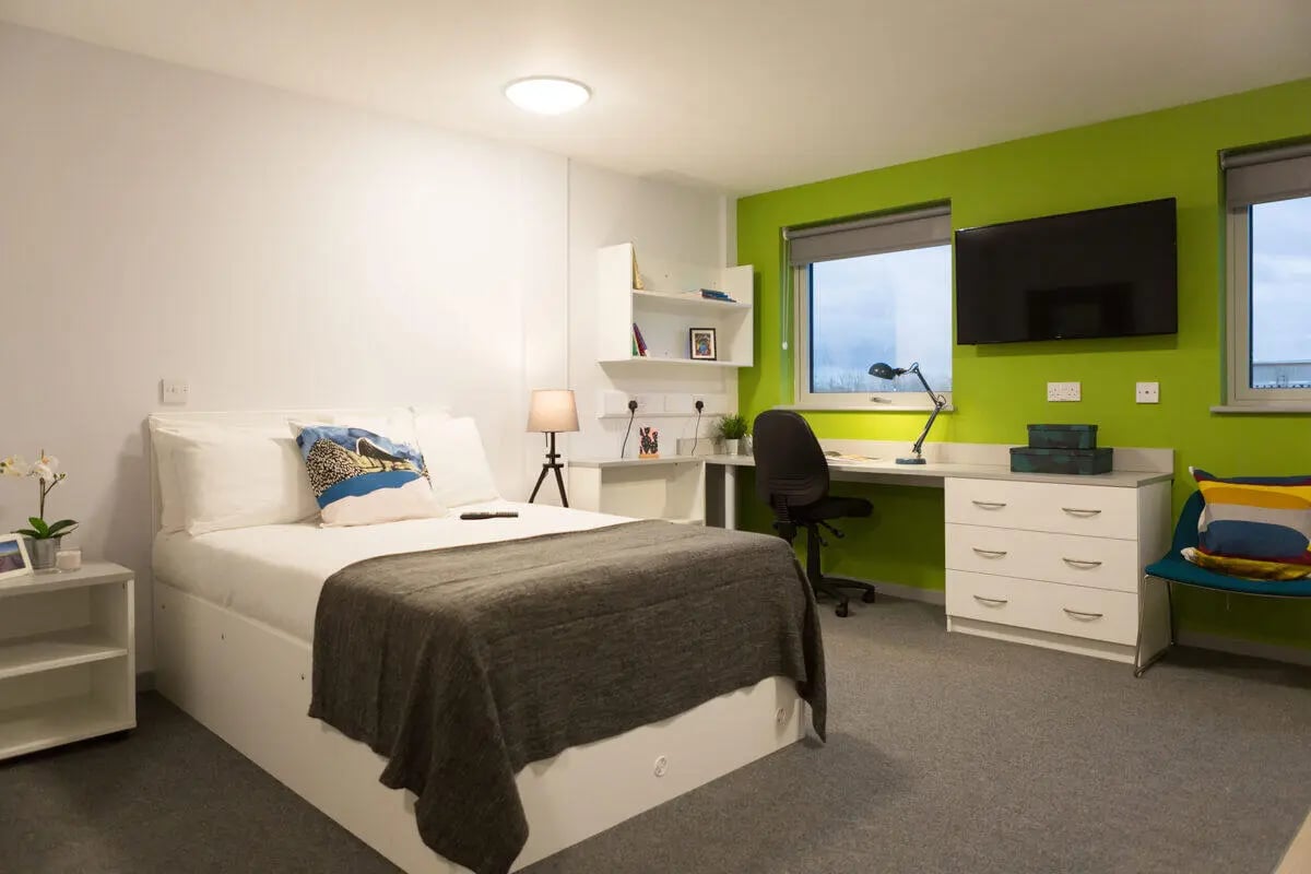 Bed desk dresser and chair student room at Bryson Court in Newcastle Upon Tyne Student Accommodation