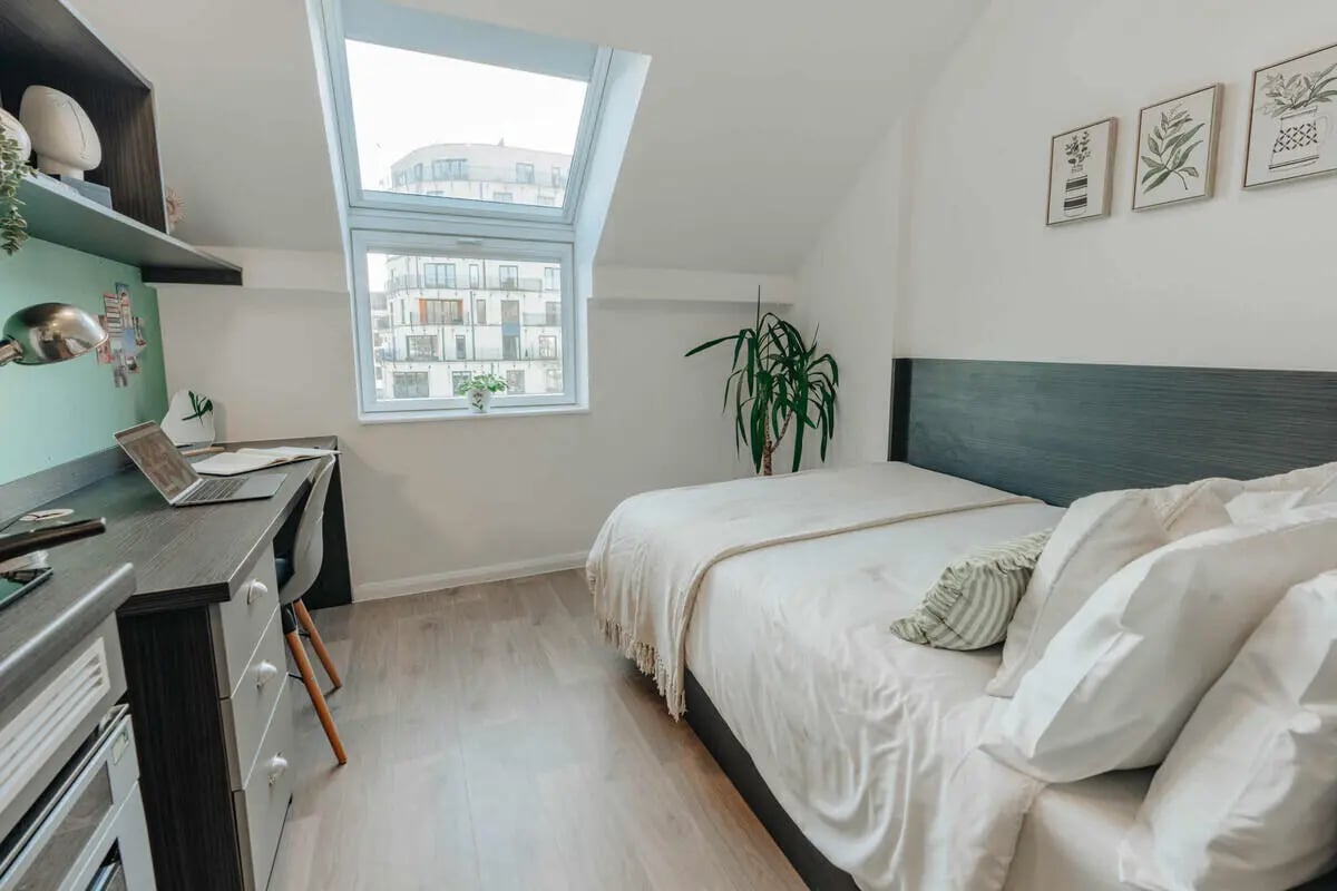 Bed desk plant artwork skylight bedroom at Avon Studios in Bath Student Accommodation