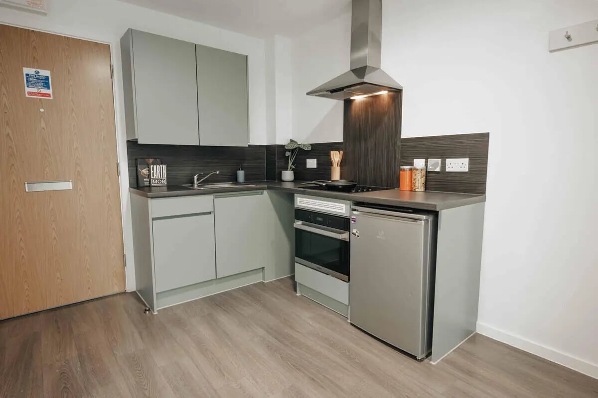 Modern student kitchen with oven sink and fridge Kitchen at Alma Court in Canterbury Student Accommodation