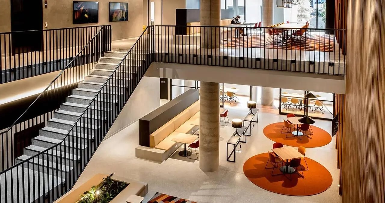 Modern staircase and seating area communal space at Iglu South Yarra in Melbourne Student Accommodation