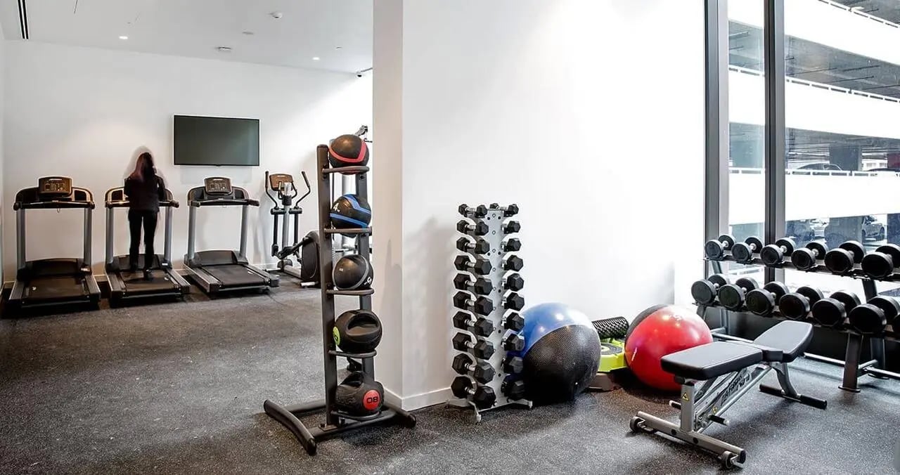 Treadmills weights and bench gym equipment at Iglu South Yarra in Melbourne Student Accommodation