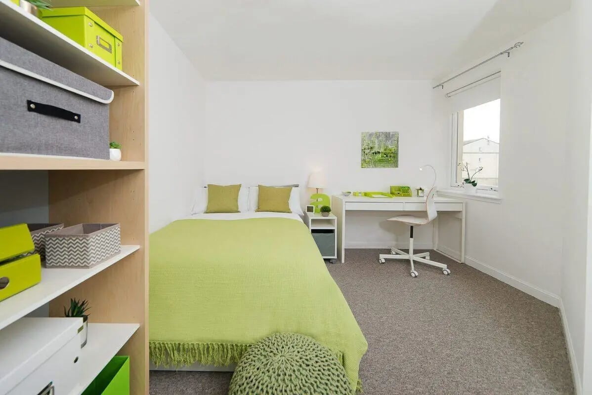 Bed desk shelf storage and painting bedroom study area at Trinity Court in Aberdeen Student Accommodation