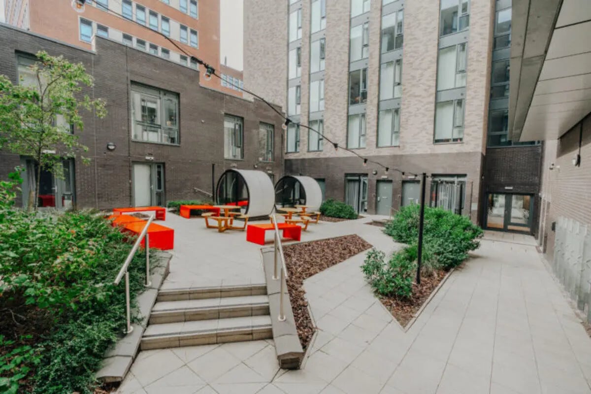 Modern outdoor seating pods and benches courtyard exterior at Bailey Fields -Sheffield in Sheffield Student Accommodation