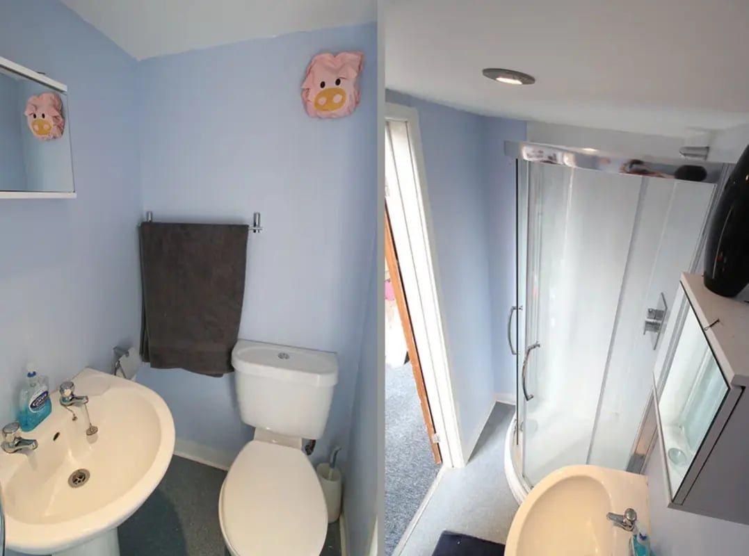 Sink toilet shower with pig decoration bathroom at Radmoor House in Loughborough Student Accommodation