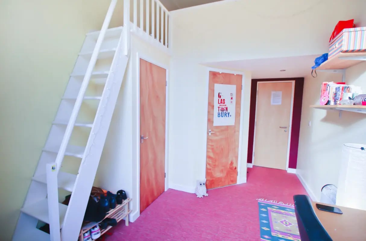 Loft bed stairs doors shelves and rug student room at Radmoor House in Loughborough Student Accommodation