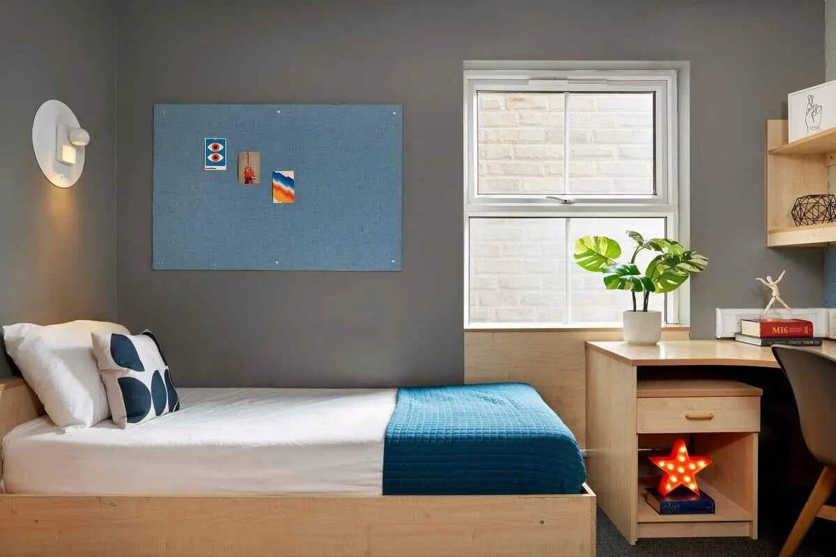 Bed desk plant and pinboard bedroom at Firth Point in Huddersfield Student Accommodation