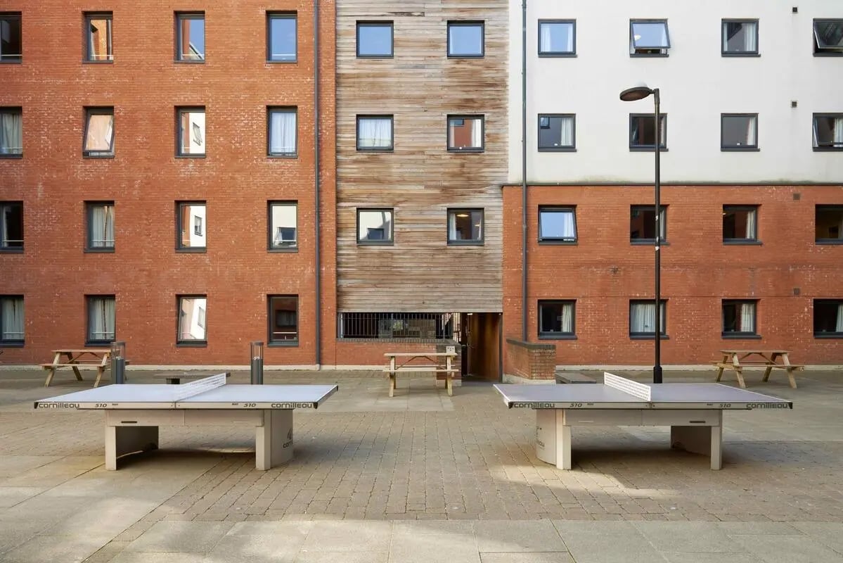 Two ping pong tables in courtyard exterior at Central Quay in Sheffield Student Accommodation