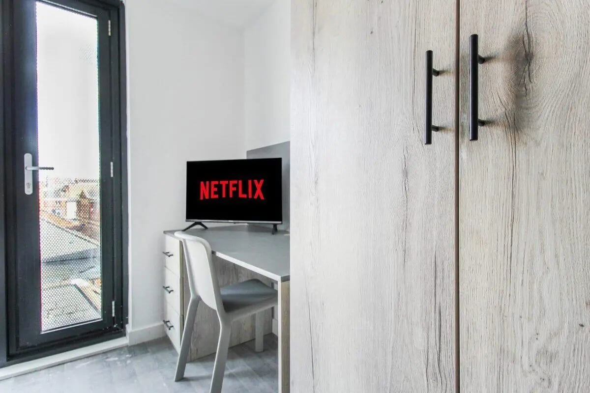 Netflix TV study desk chair wardrobe study area at The Nest Leicester in Leicester Student Accommodation