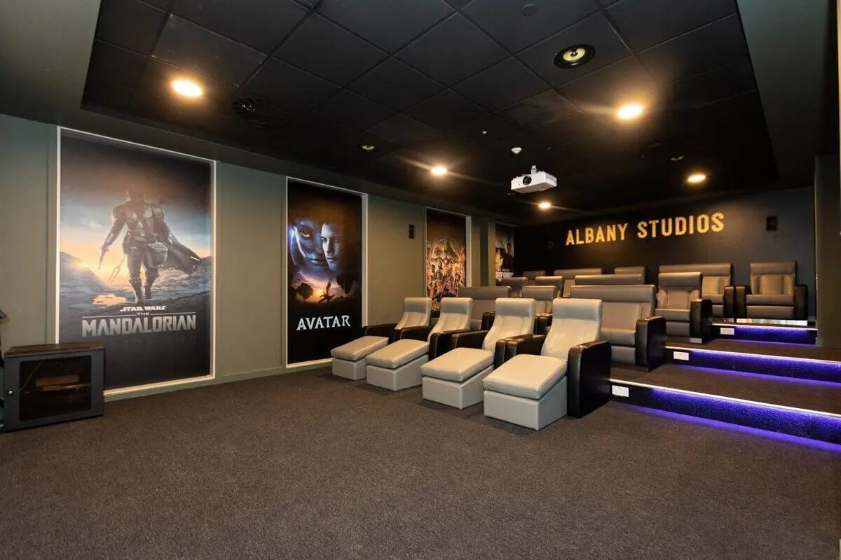 Reclining seats movie posters projector Albany Studios cinema at Albany Student Village in Coventry Student Accommodation