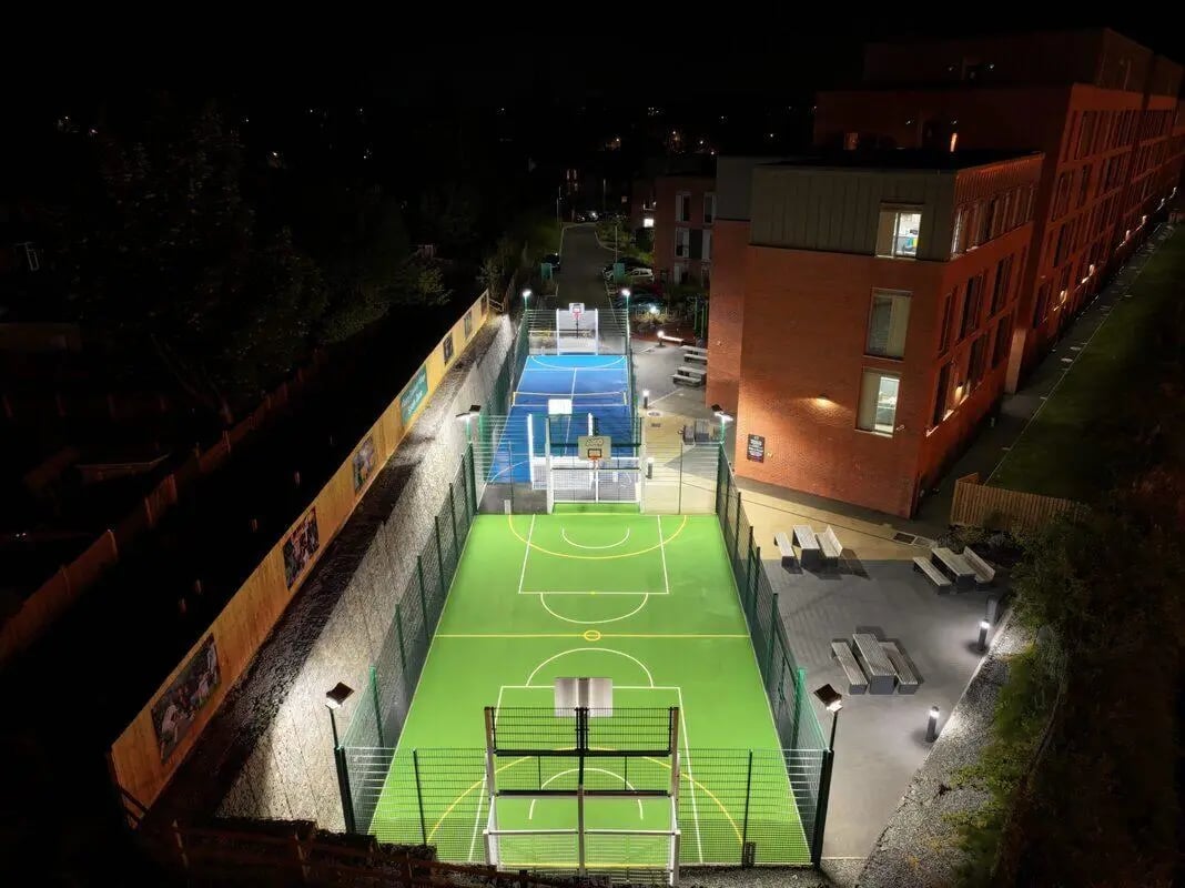 Multi-sport court and seating area exterior at Albany Student Village in Coventry Student Accommodation