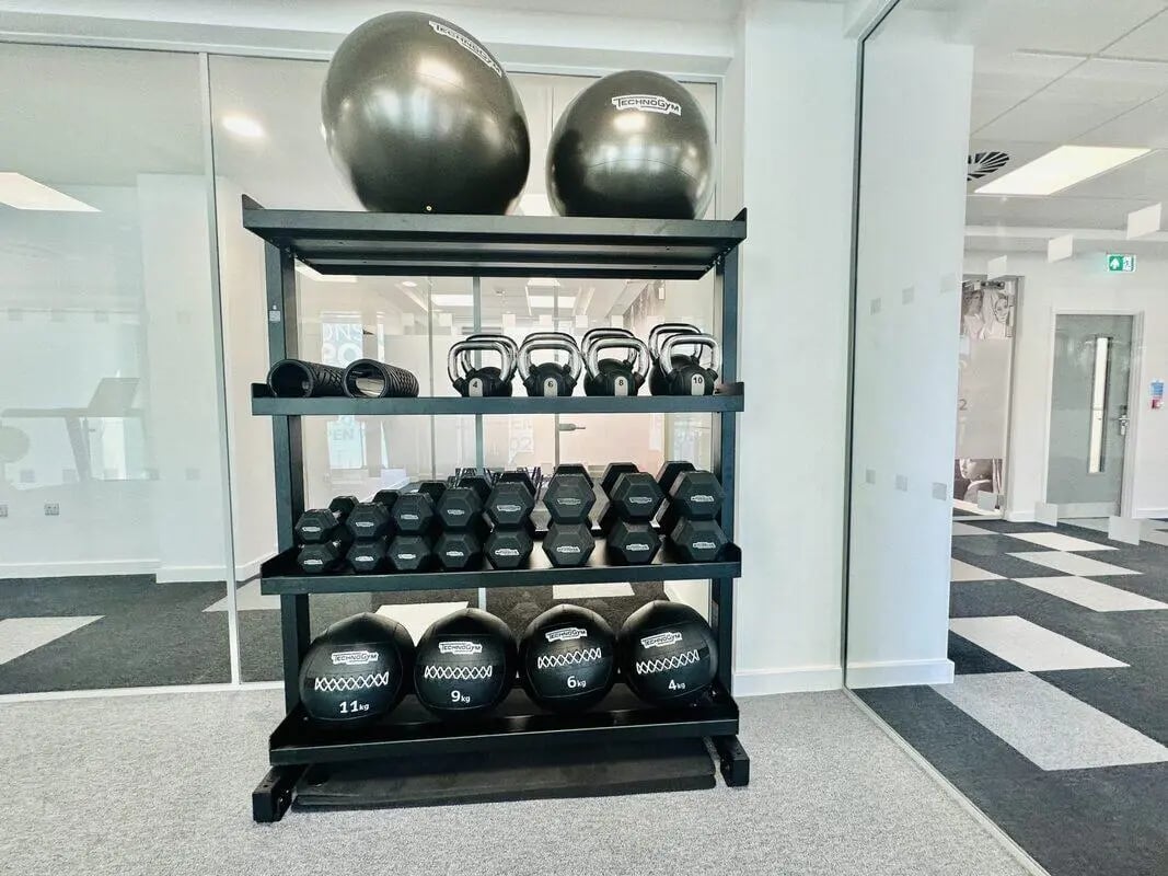 Exercise balls dumbbells kettlebells rack gym area at Albany Student Village in Coventry Student Accommodation